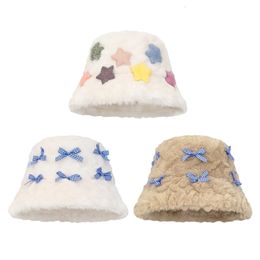 Wide Brim Hats Bucket Hats Thicken Plush Hat for Women Soft Beanie Hat Star/Bowknot Winter Hat Female Girls Windproof Cap Powear Fisherman Cap 230824