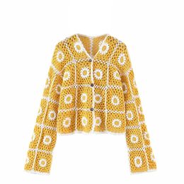 Women's Knits Tees Cropped Knit Cardigan Sun Protection Sweater crochet Jersey mesh fabric Outerwear Handmade Sunflower Knitted Hollow Out coat 230824