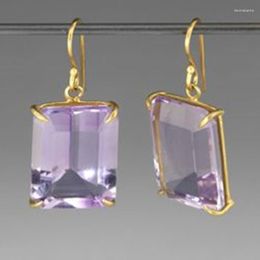 Dangle Earrings Classic Square Purple Zircon For Women Vintage Gold Colour Metal Hook Wedding Jewellery