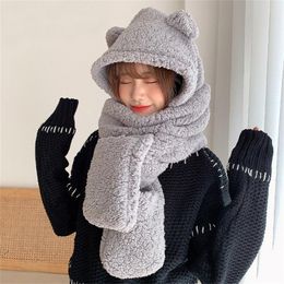 Hot Cute Bear Ear Hat Scarf Gloves Set Winter Women Beanies Caps Warm Casual Plush Hats Solid Fleece Girl Kawaii Present