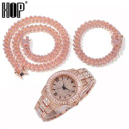 Hip Hop Baguette Watch Necklaces Bracelet 12MM Iced Out Paved Pink Rhinestones Miami Prong Cuban Chain For Women Men Jewellery Chai243i