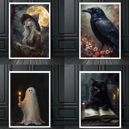 Dark Academy Art Wall Poster Victoria Crow Witch Ghost Halloween Background Decoration Gothic Image Printing Canvas Painting HKD230825