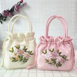 Party Fabor Gift Small Women Bucket Bag Top Handle Ladies Handbag Phone Bag Summer Purse National Style Embroidered Flower Pattern Drawstring Bag