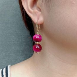 Dangle Earrings KKGEM Natural 15mm Round Tiger Eye Drop Gold Plated Hook Fuchsia Color For Women Earring