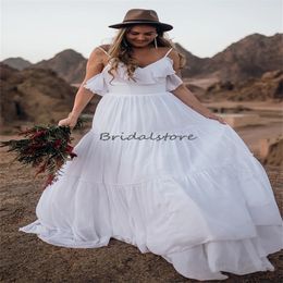 Rustic Boho Chiffon Wedding Dress Spaghetti Straps Backless Beach Bridal Gowns Floor Length Bohemian Outdoor Civil Korean Bride Robe De Mariee Vestios De Novia