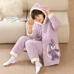 Women's Sleepwear 2023 Autumn Winter Thicken Pyjama Women Three-layer Padded Homewear Warm Cotton Coral Flannel Loungewear Hooded Suit
