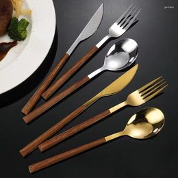 Dinnerware Sets 4/5pcs 304 Stainless Steel Imitation Wooden Handle Cutlery Set Clamp Western Tableware Knife Fork Tea Spoon Gift