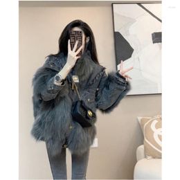 Women's Fur 2023 Winter Coat Denim Stitching Big Collar Jacket Loose Splicing Women Mid Long B15