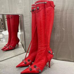 Cagole Boot Argento Stivali da donna al ginocchio con fibbia decorata con zip laterale scarpe con punta a punta tacco a spillo stivale alto designer di lusso scarpe per calzature da donna di fabbrica