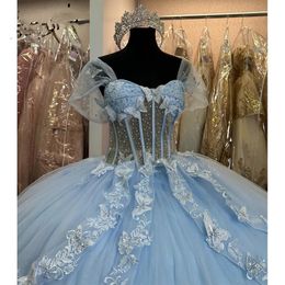 ثوب كرة طويلة الأميرة Quinceanera فساتين السماء زرقاء الفراشة قبالة الكتف مع القوس كبيرة تول مشد