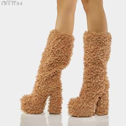 Boots RIBETRINI Platform Furry Faux Fur Women Knee High Boots Winter Slip On Brand Design High Heels Long Boots Shoes Big Size 43 T230824