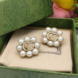 Have stamps Pearl letter Stud earrings 14K gold vintage brass Luxury designer jewelry for women's wedding parties anniversary gifts