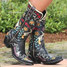 Floral Women BONJOMARISA For Western Embroidery Brand Cowboy Slip On Mid Calf Boots Casual Design Shoes Woman T230824 954