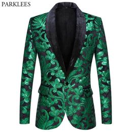 Men's Suits Blazers Shiny Green Floral Sequin Tuxedo Blazers Men One Button Shawl Collar Dress Suit Jacket Party Dinner Wedding Prom Singer Costume 230824