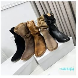 2023-Boot Split Toe Lamb Leather Pointed Chunky Heels Fashion Women Booties Luxury Dress Party Shoes Footwear Beige Black Ankle Boots