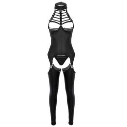 3Pcs Women Open Crotch Lingerie Set Halter Neck Bust Bra Crotchless Patent Leather Erotic Sexy Suit Cosplay Bodysuit Outfit Bras S2448