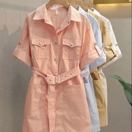 Party Dresses Summer Work Dress Women Turn-down Collar Single-breasted Solid With Belt Skirt Casual Fashion Pocket Shirt