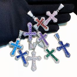 Pendant Necklaces Men Women Colorful Blue Pink Purple Colorful Cz Cross Pendant Necklace Iced Out Bling 5A Cubic Zirocnia Hip Hop Jewelry 230824