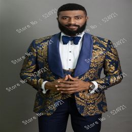 Men Suits Gold Pattern and Navy Blue Groom Tuxedos Shawl Satin Lapel Groomsmen Wedding Man Jacket Pants Vest Tie C699267P