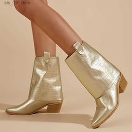 Boots BONJOMARISA Gold Silver Metallic Cowbot Ankle Boots Stacked Heel Pull On Designer Luxury Casual Autumn Shoes Booties Big Size 41 T230824