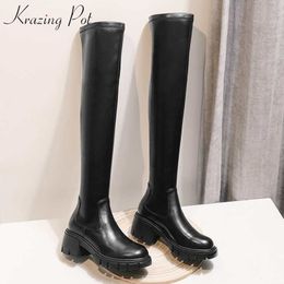 Boots Krazing Pot Big Size Cow Leather Stretch Overtheknee Platform Round Toe High Heels Winter Women Warm Thigh 230824