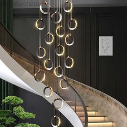 Pendant Staircase LED Attic Villa Living Room Ceiling Pendant Lights 2023 Designer Lamp Nordic Long Annular Staircase Chandelier HKD230825