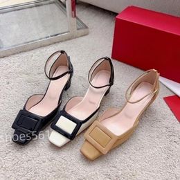 Fashion Designer Womens Sandals Square Buckle Summer Dress Shoes High Heeled Genuine Leather Shoes High Quality Baotou Womens Shoes Leather Spell Colour