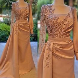 Dusty Champagne Long Sleeves Prom Floral Satin Evening Party Dress With Side Sweep Train Zipper Back Robe De Soiree 328 328