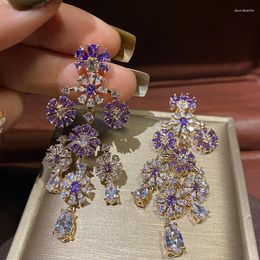 Dangle Earrings Dress Versatile Super Sparkling Purple Flower Cluster Fashion And Elegant Texture