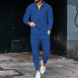 Mens Pants autumn European and American mens Waffle leisure suit lapel long sleeve trousers twopiece 230825