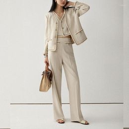 Women's Two Piece Pants Linen Blend Women Fashion Matching Sets Chic Coats Vest 3 Outifits Autumn Celebrity Jacket Blazers Tailored Trousers