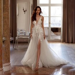 Classic Lace Appliques Wedding Dress A-Line Sexy Side High Slit Bridal Gowns Brush Train Robe Vestido De Noiva Size Customised D-H23287