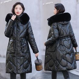 Women's Trench Coats Long Shiny Cotton Coat 2023 Winter Hooded Loose Big Pocket Female Casual Parkas