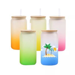 50pcs/carton 16oz Frosted Coffee Cup DIY Printed Blank Sublimation Glass Can Tumbler with Bamboo Lid