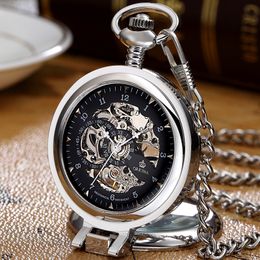 Pocket Watches Luxury Stainless Steel Men Vintage Pocket Watch Skeleton dial Silver Hand Wind Mechanical Male Fob Chain Pendant Clock Watches 230825