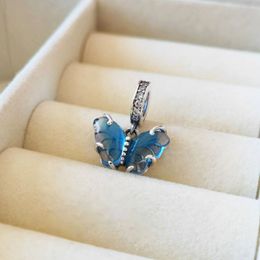 925 Sterling Silver Blue Murano Glass Butterfly Dangle Charm Bead Fits European Pandora Jewellery Charm Bracelets and Necklaces