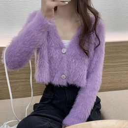 Women's Sweaters Women Cropped Cardigan Sweater V Neck Long Sleeve Solid Colour Two Buttons Autumn Winter Fuzzy Copped Sweater 230825