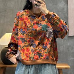 Women's Hoodies Sweatshirts Autumn Sweet Floral Female 2023 Vintage Art Patchwork Round Neck Loose Pullover Long Sleeve Tops Sudaderas 230824