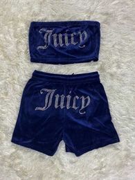 Juicy Women's Two Piece Pants Juicy Apple Velvet Sexy With Drill Fashion Tube Crop Top Casual Drawstring Shorts Set Loose Tracksuit 4210 5097