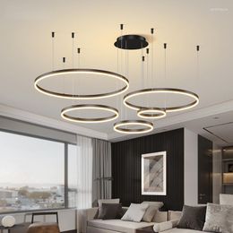 Chandeliers Modern Brushed Rings Led Chandelier Home Lighting Ceiling Mounted For Living Room Bedroom Hanging Lamp Gold&Coffee Colour Lights