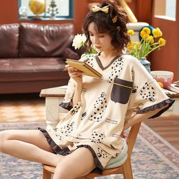 Women's Sleepwear Spring Summer Leisure Women Pyjamas Set V-neck Short Sleeve Fashion Ruffle Kawaii Female Cartoon Cotton Homewear Suits