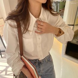 Women's Blouses DUOFAN Solid Color Shirts Women 2023 Autumn Long Sleeve Unique Pocket Design Retro Hong Kong Style Pointed Neck Blusas