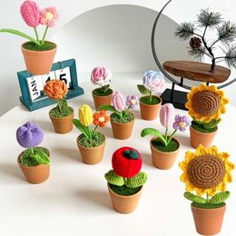 Decorative Flowers Knitted Fake Hand-woven Rose Potted Creative Sunflower Home Decoration Simulation Flower Finished Car
