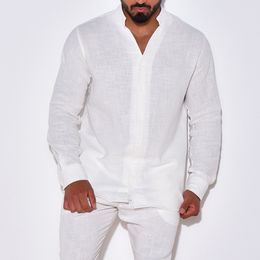 Mens Tracksuits Fashion Simple Casual Sports Suit Cotton Linen Breathable Solid Colour Vneck Longsleeved Shirt Trousers Twopiece Set 230824