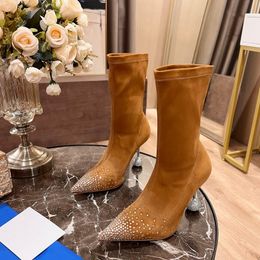 The latest women's boots with slim high heels, pointed toe, no tie up cuffs, diamond decorative fabric surface, spherical heel size 35-42 +box