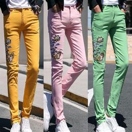 2020 New Fashion Flower Floral Men Skinny Stretch Jeans Embroidered tights casual trousers Colour yellow pink green2148