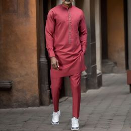 Mens Tracksuits Dashiki African Twopiece Crew Neck Embroidered Pink Dress Trousers Suit Casual Wedding Festive Party Clothing 230824