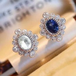 Stud Earrings Huitan Dainty White/Blue Oval Cubic Zirconia Temperament Elegant Daily Accessories For Women Silver Plated Jewellery