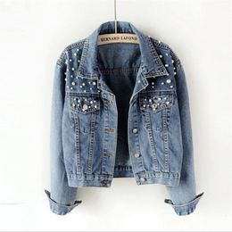 Women's Jackets Beading Woman Denim Jacket Spring Autumn Streetwear Rivet Long Sleeve Top Casual Beaded Pearls Loose Jeans Coat Clothes 230824