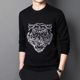 Men's Sweaters Style Sweater Men Tiger O-Neck Knitted Pullover High Quality Heavy Craftsmanship Diamond Encrusted Sweater 230824